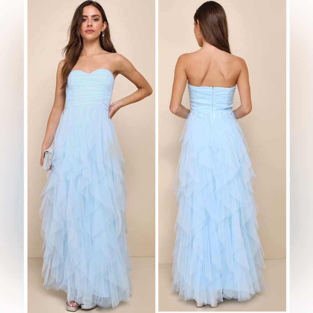 Lulus Delightful Beauty Blue Mesh Strapless Ruched Ruffled Maxi Dress medium NWT